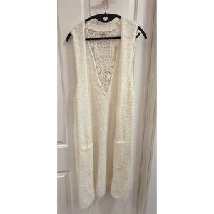 Esció Ivory Fuzzy Crochet Long Vest Boho Sleeveless Duster